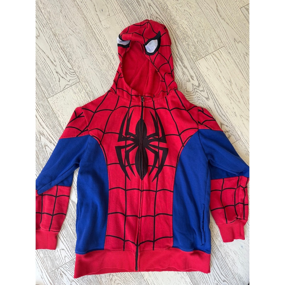 Marvel Spider-Man Kids Full Zip Hoodie Red Blue Web Graphic Mask Hood Large